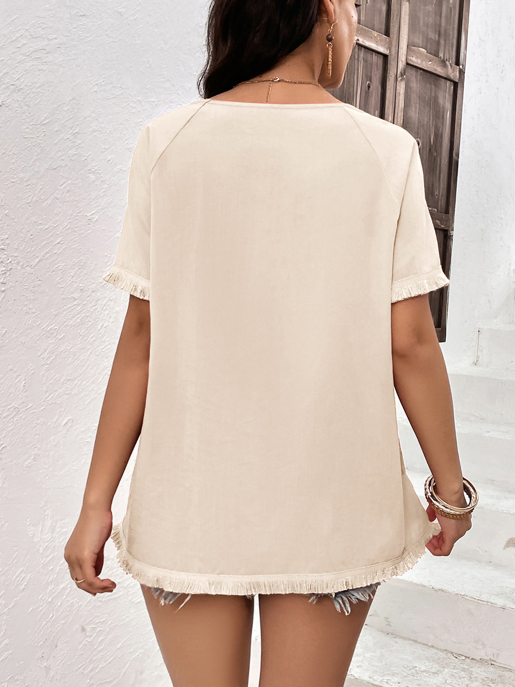 Round Neck Raglan Sleeve Fringe Detail Top (9)