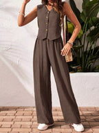 Button-down Vest Wide Leg Pants Set (2)
