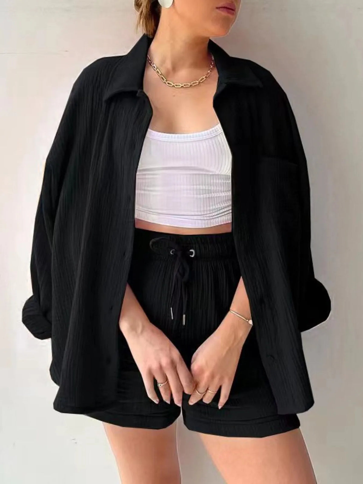 Button Up Shirt Shorts Set (4)