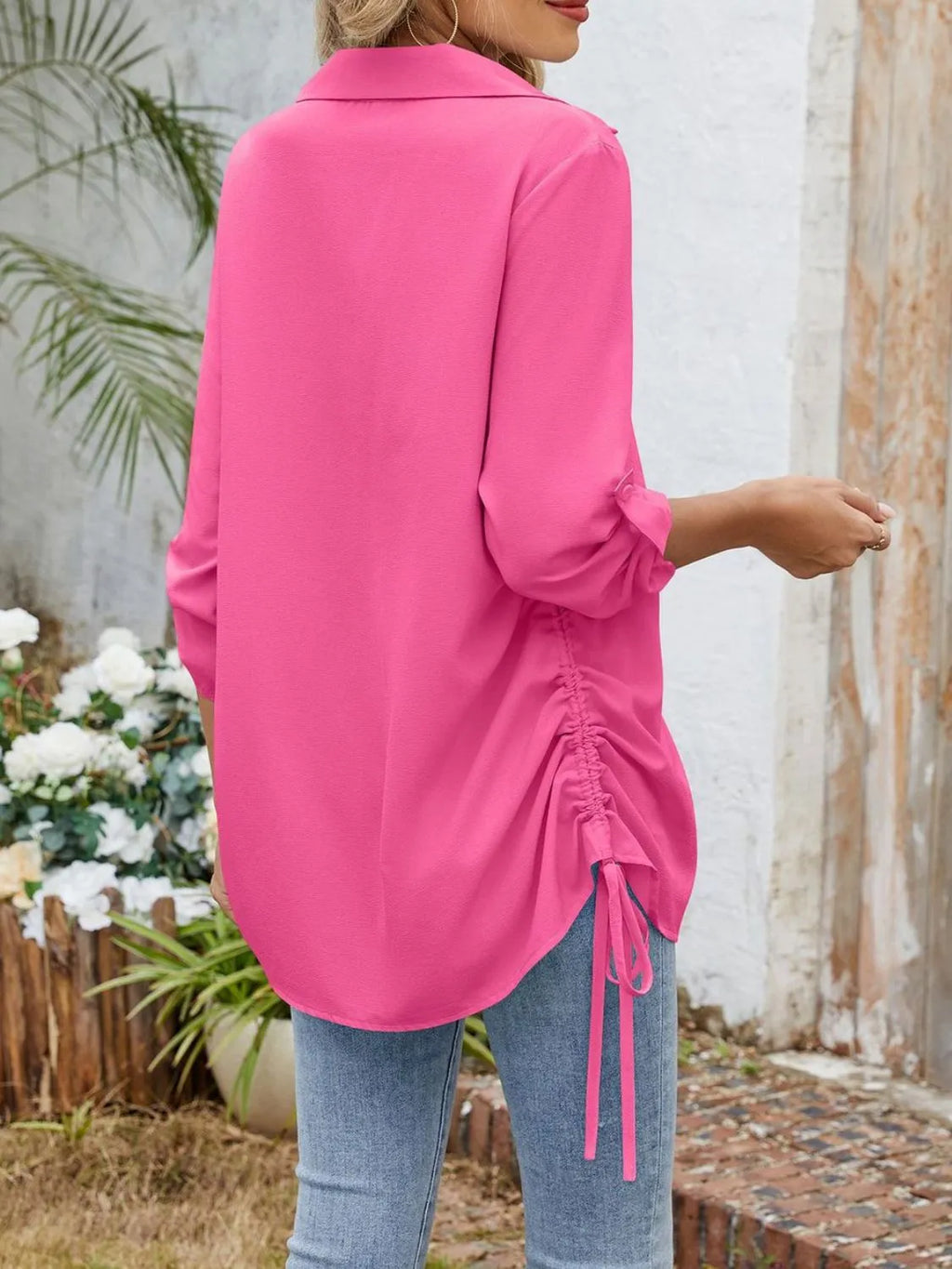 Drawstring Johnny Collared Three-quarter Sleeve Top (2)