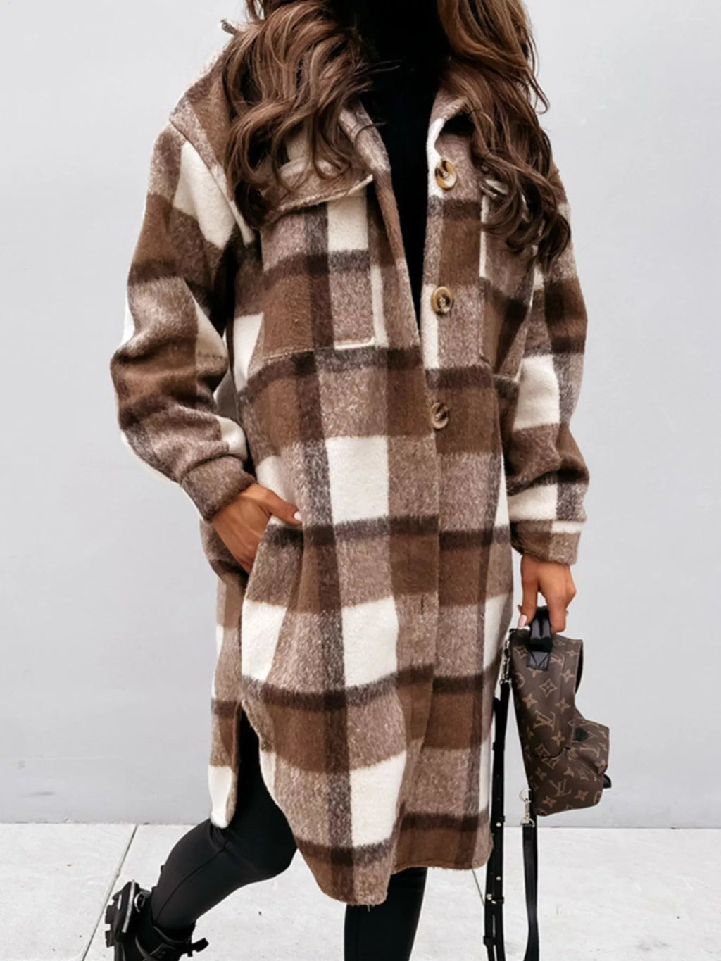 Longline Plaid Button Up Coat (3)
