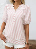 Striped Notched Puff Sleeve Blouse (13)