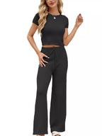 Solid Color Knit Short Sleeve Top Wide Leg Pants Set (5)