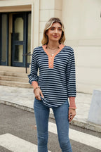 Contrast Striped Notched Long Sleeve Top (19)