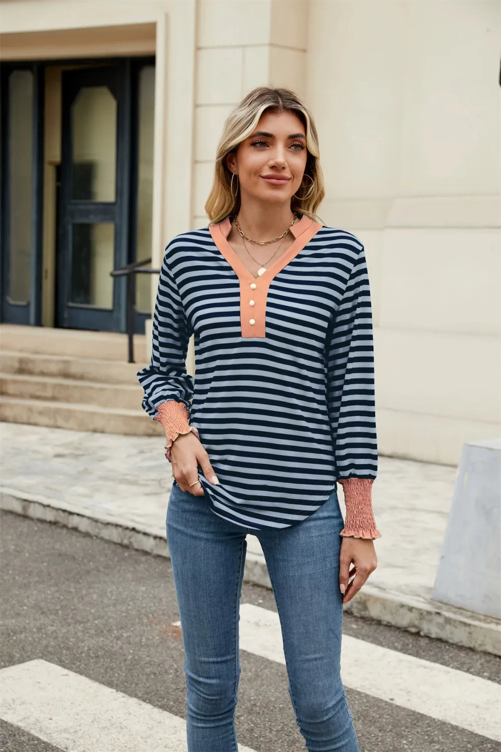 Contrast Striped Notched Long Sleeve Top (19)