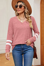 Striped V-neck Long Sleeve T-shirt (3)