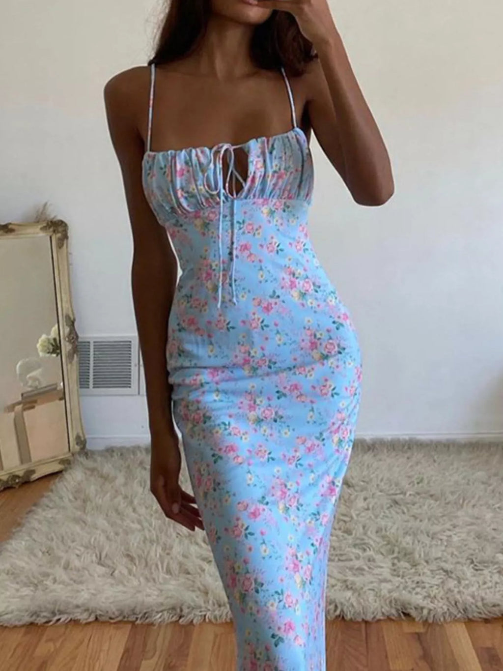 Floral Print Tie Strap Bodycon Maxi Dress (11)