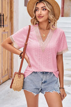 Eyelet V-neck Short Sleeve T-shirt (3)