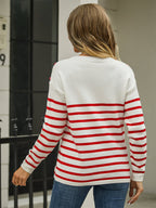 Round Neck Shoulder Button Striped Pullover Sweater (8)