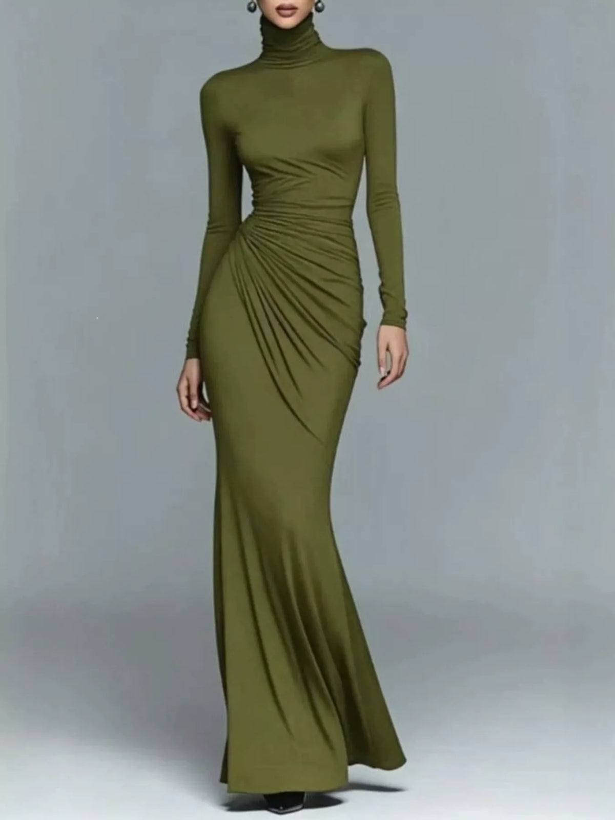 Turtleneck Long-sleeve Ruched Maxi Dress (7)