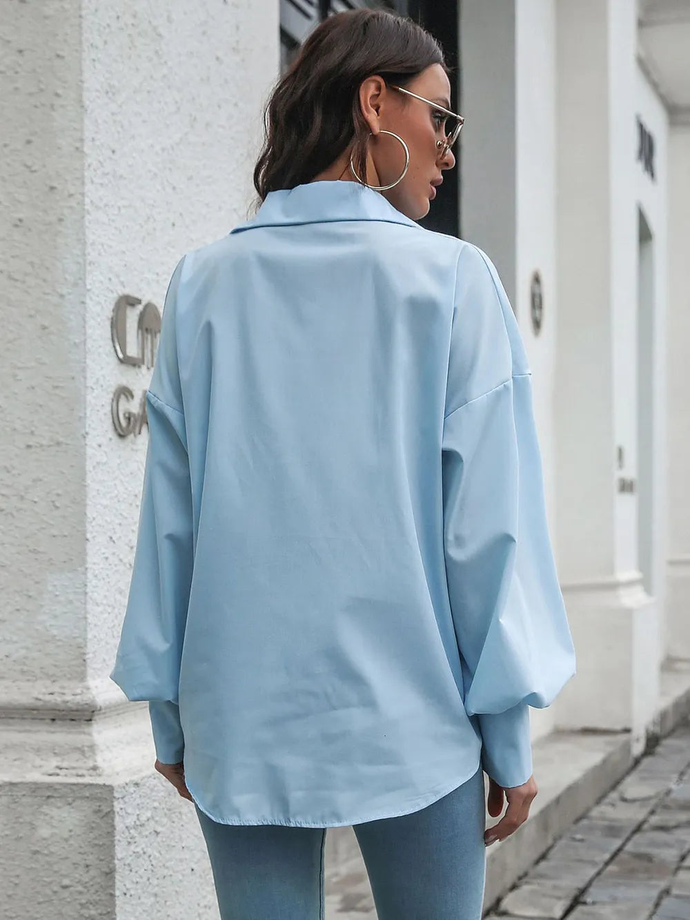 Button Up Dropped Shoulder Lantern Sleeve Shirt (2)