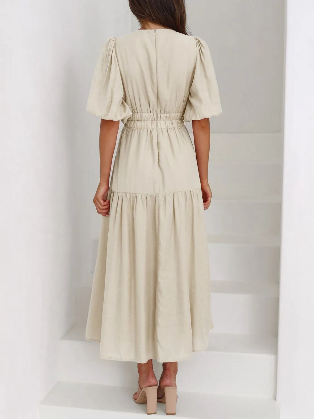 V-neck Puff Sleeve Midi Dress (14)