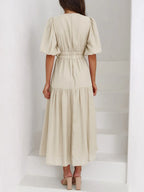 V-neck Puff Sleeve Midi Dress (14)