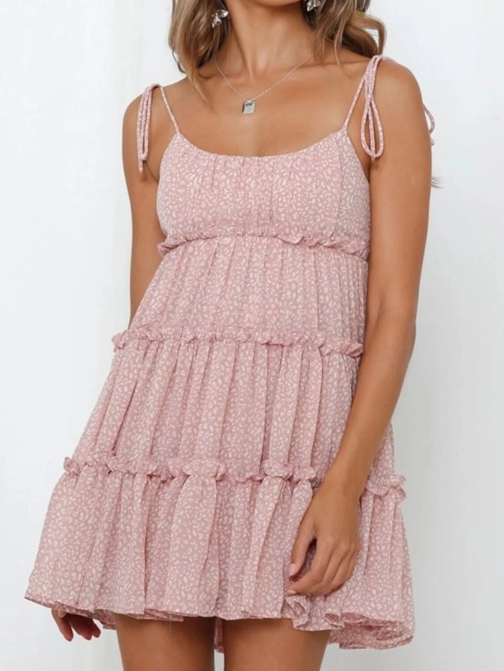 Printed Tie-strap Tiered Mini Dress (3)
