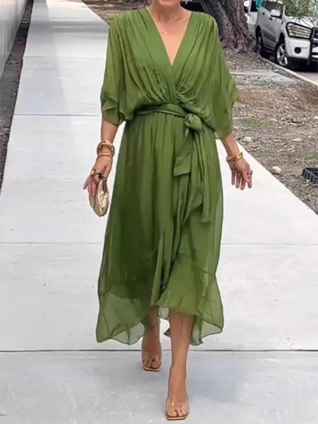 Full Size Chiffon Wrap Dress Flutter Sleeves Plus (2)