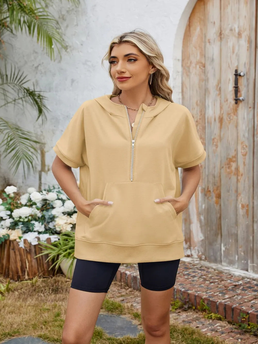 Half Zip Short Sleeve Hooded Top (9)