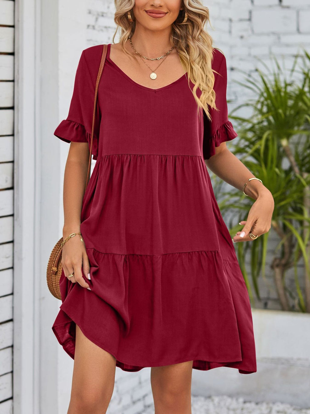 Ruffled Sleeve Tiered Mini Dress (2)