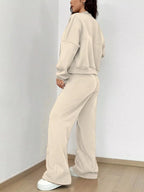 Casual Solid Color Zipper Jacket Wide Leg Pants Set (3)