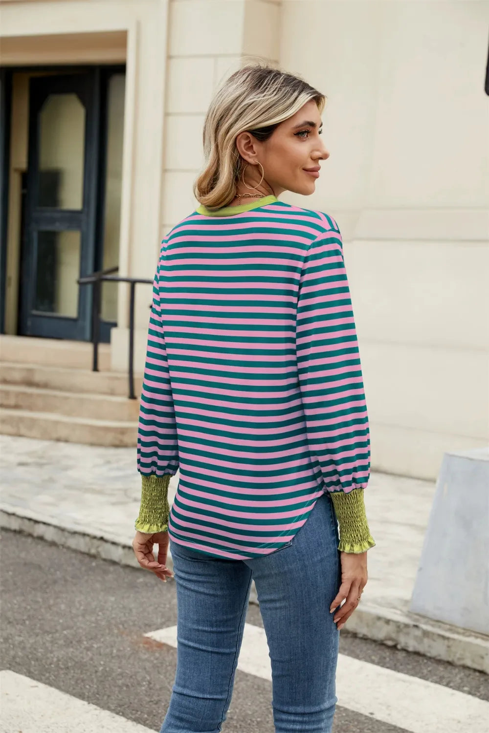 Contrast Striped Notched Long Sleeve Top (25)