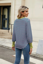 Contrast Striped Notched Long Sleeve Top (25)