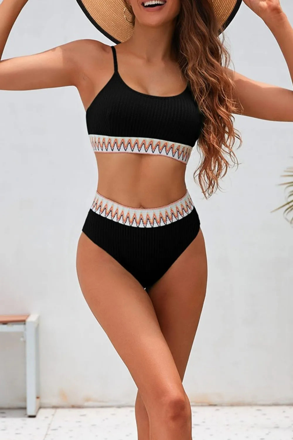 Textured Contrast Banding Bikini High Waist 2pcs Swimsuit (32)