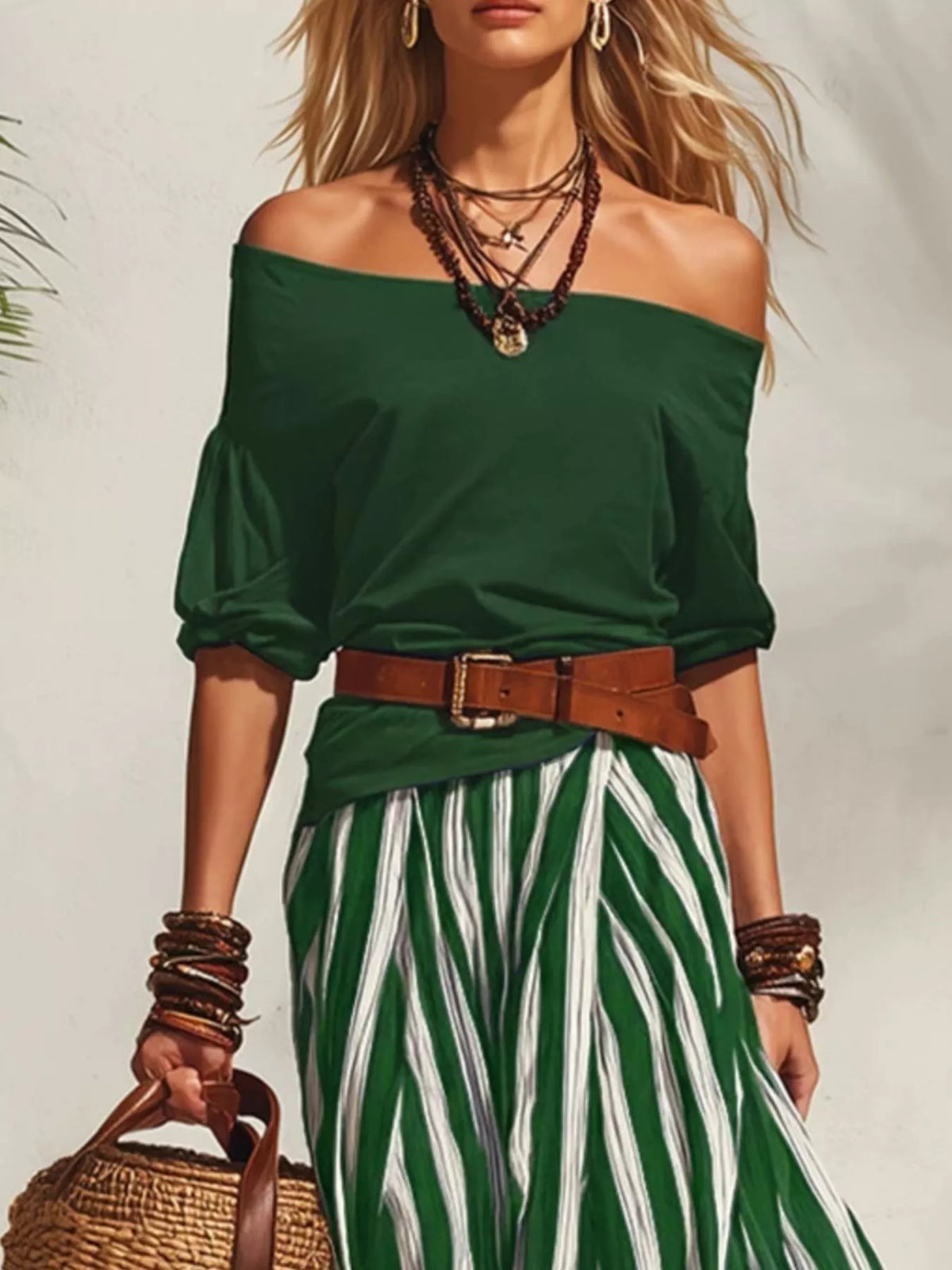 Off Shoulder Top Striped Maxi Skirt Set Belt (6)