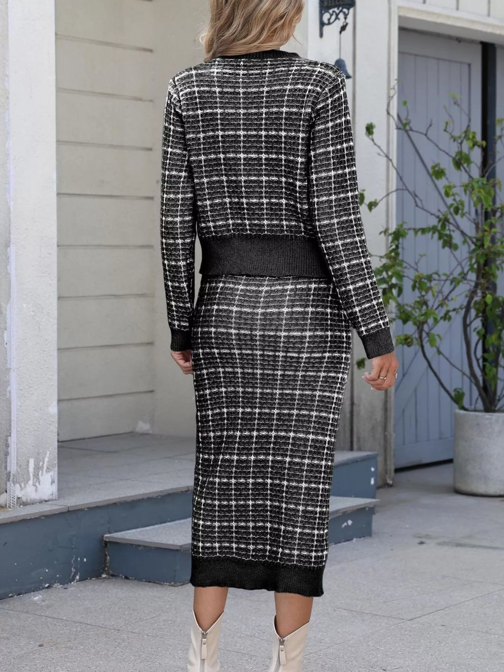 Plaid Knit Cardigan Midi Skirt Sweater Set (11)