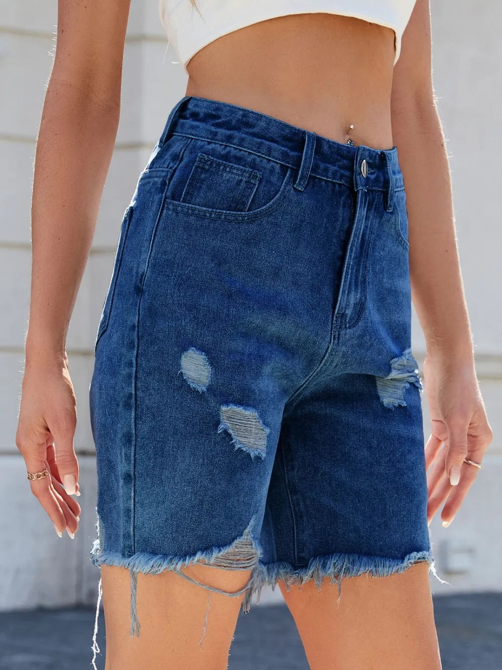 Distressed Raw Hem Denim Shorts (7)
