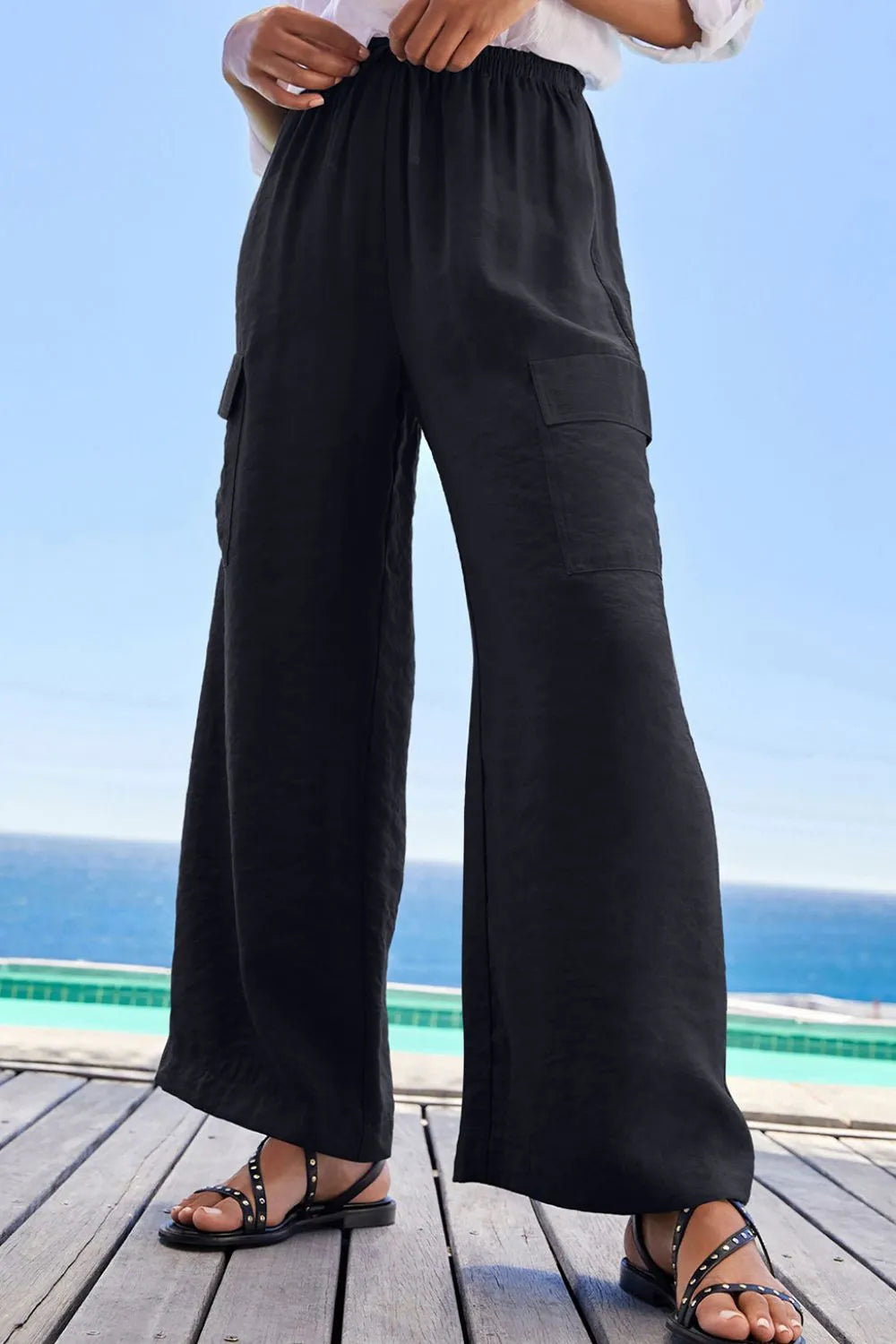 Drawstring Frilled Waist Wide Leg Utility Trousers (11)