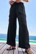Drawstring Frilled Waist Wide Leg Utility Trousers (11)