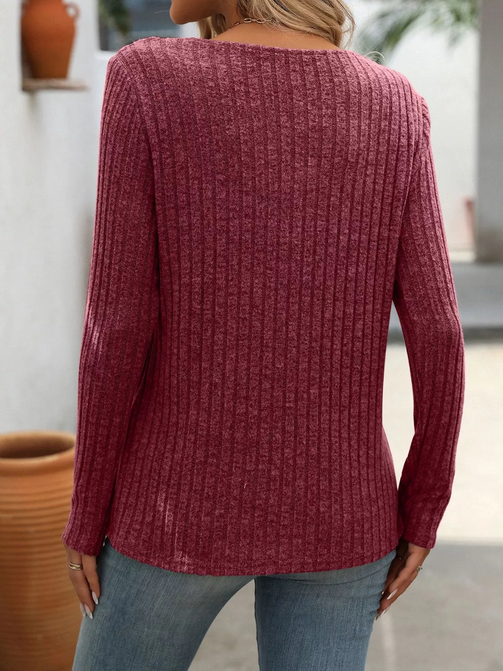 Ribbed Knit Long Sleeve Button Detail T-shirt (21)