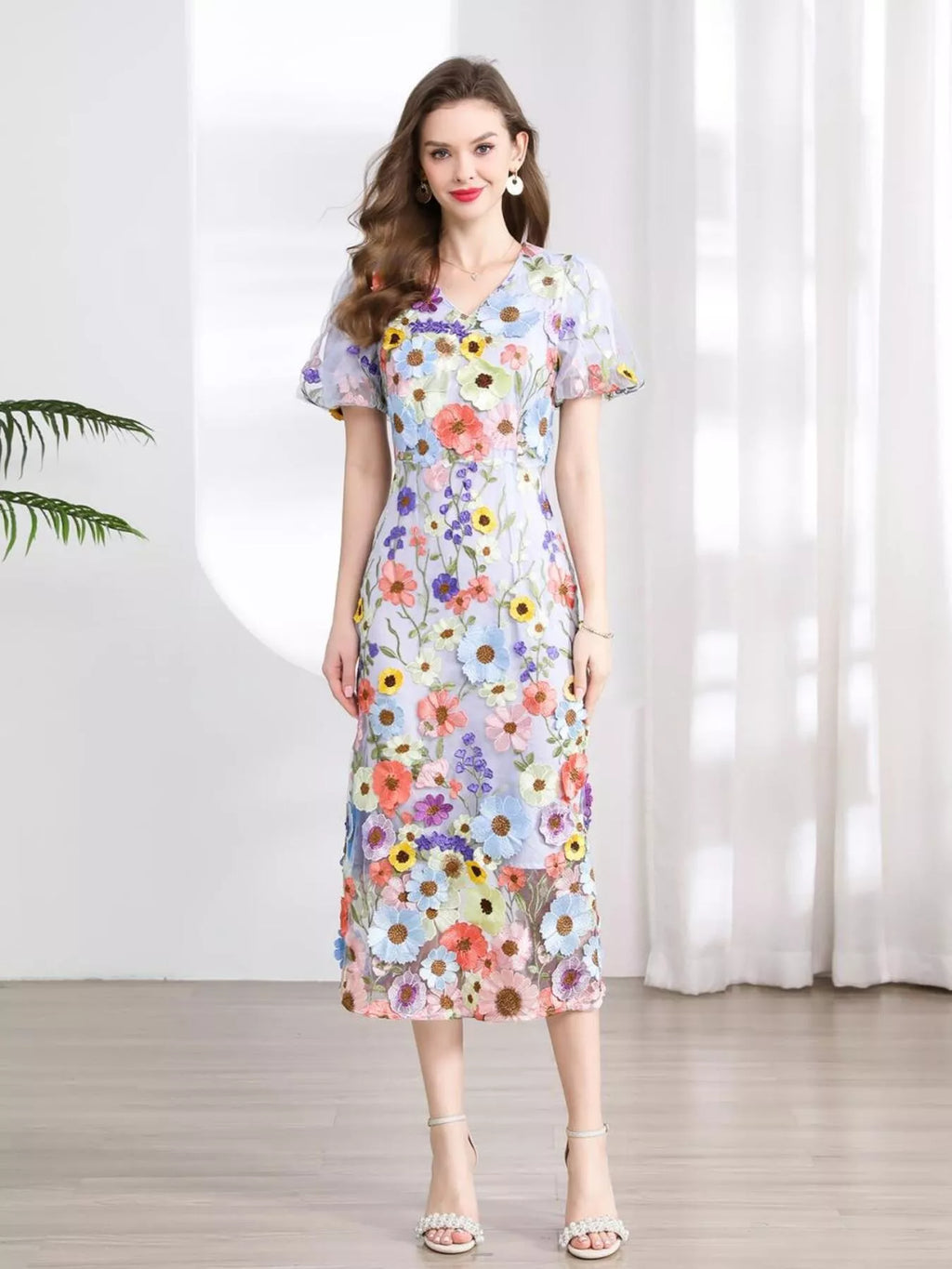 Floral Embroidered Puff Sleeve Midi Dress (16)