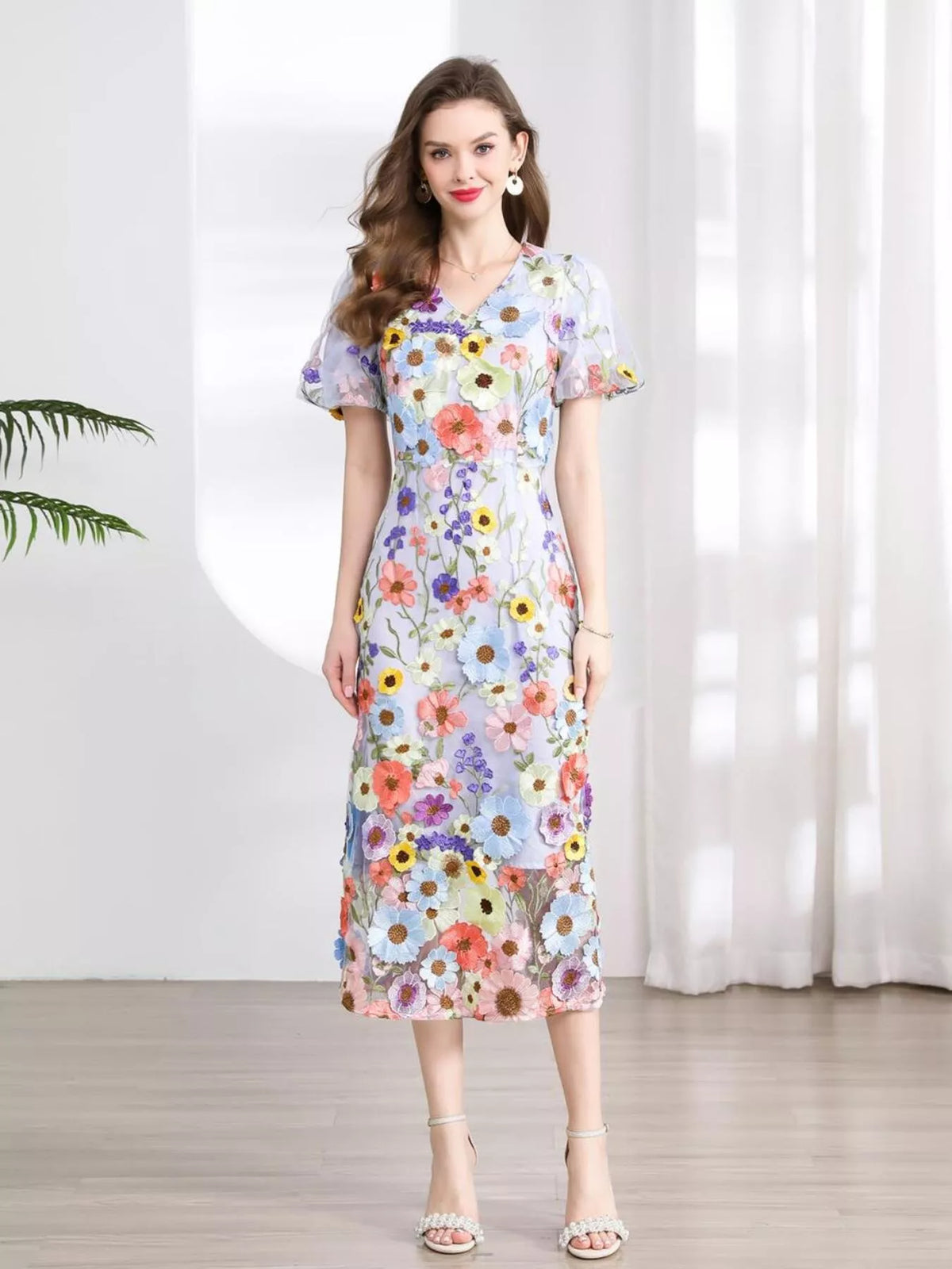 Floral Embroidered Puff Sleeve Midi Dress (16)