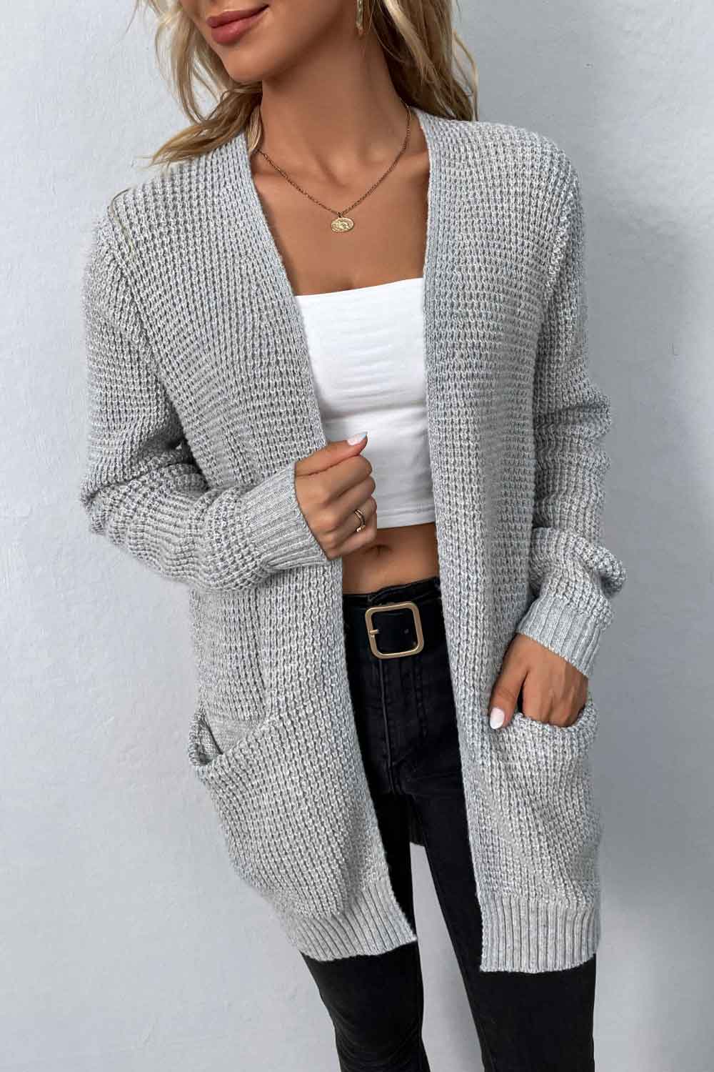 Rib-knit Open Front Pocketed Cardigan (5)
