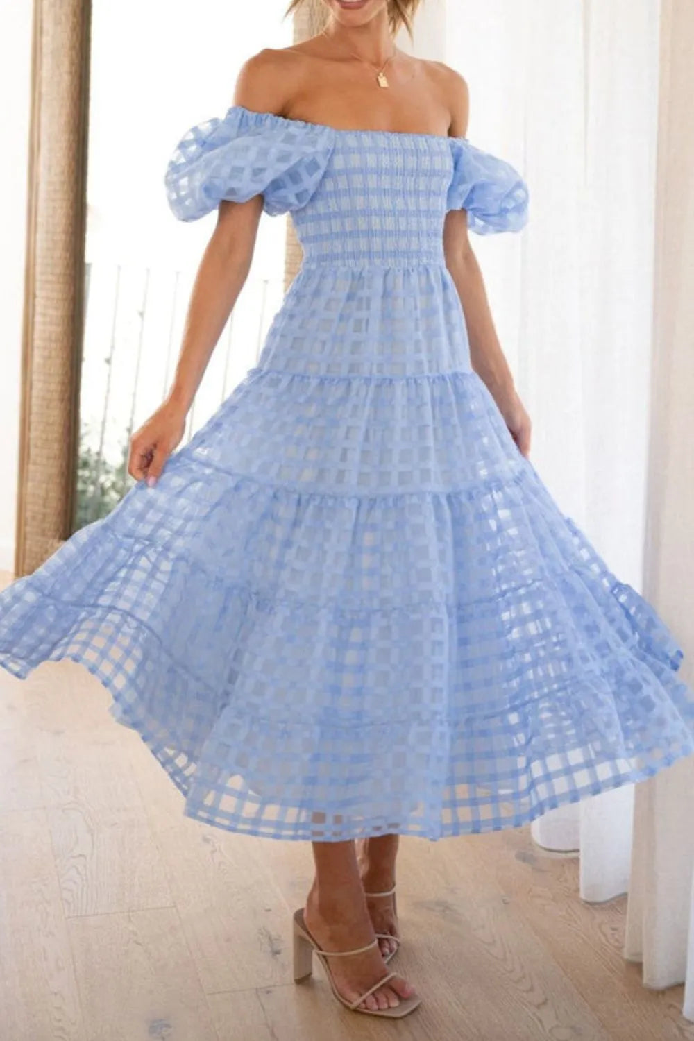 Off Shoulder Short Puff Sleeve Midi Dress (30)