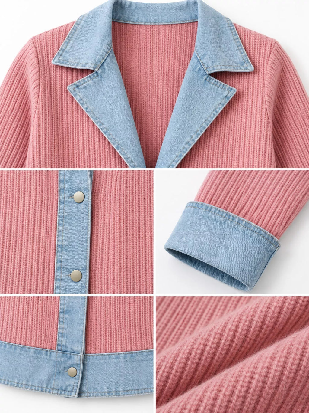 Full Size Denim Trim Ribbed Knit Cardigan Plus (41)