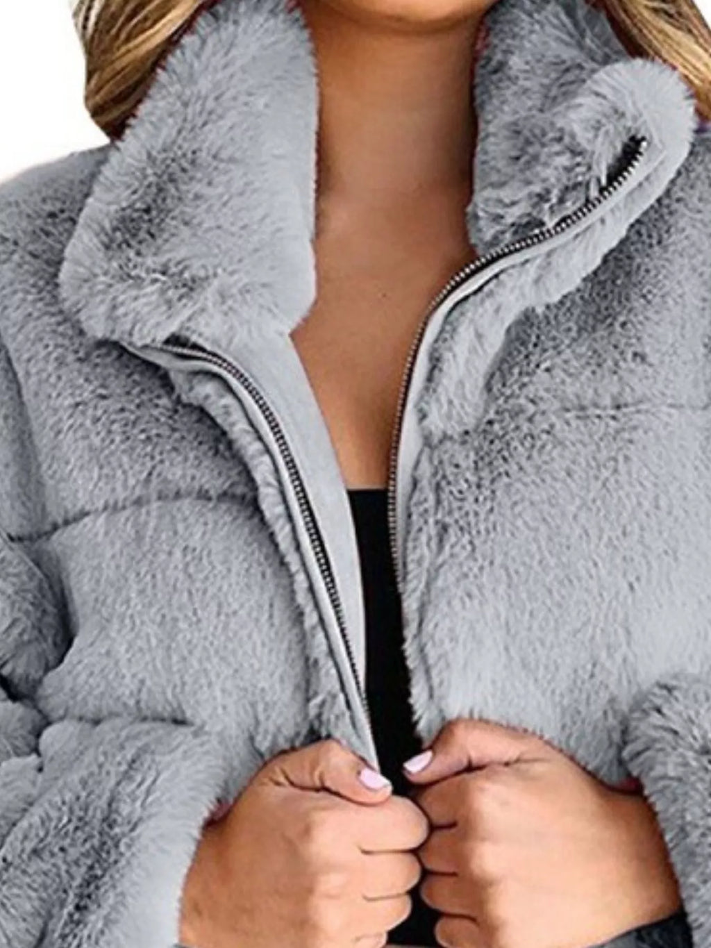 Full Size Faux Fur Cropped Zip-up Jacket Plus (18)