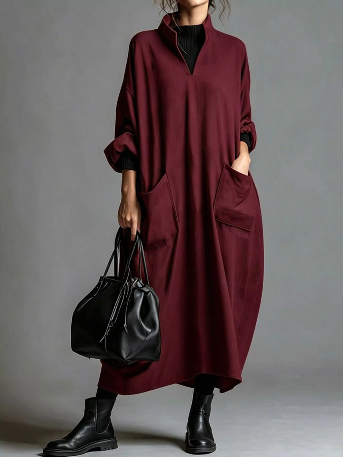 Full Size Loose-fit Mock Neck Midi Dress Pockets Plus (23)