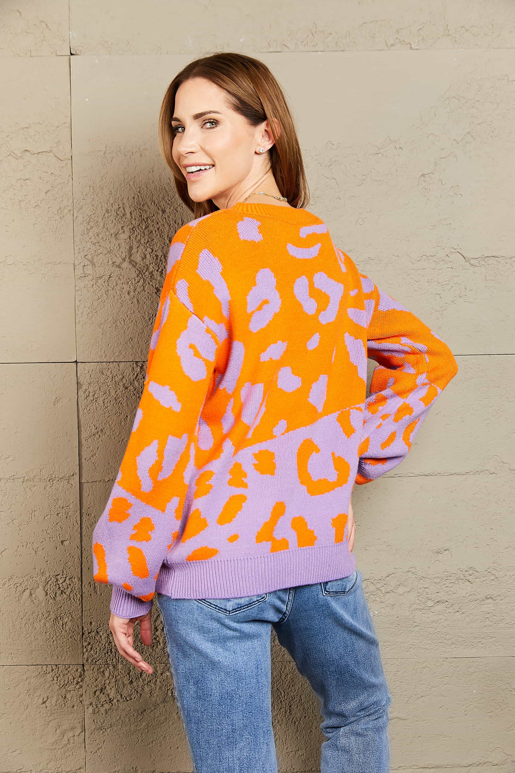 Woven Right Leopard Round Neck Dropped Shoulder Sweater (2)