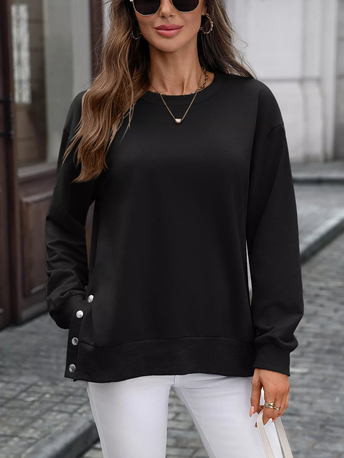 Side Snap Round Neck Sweatshirt (13)