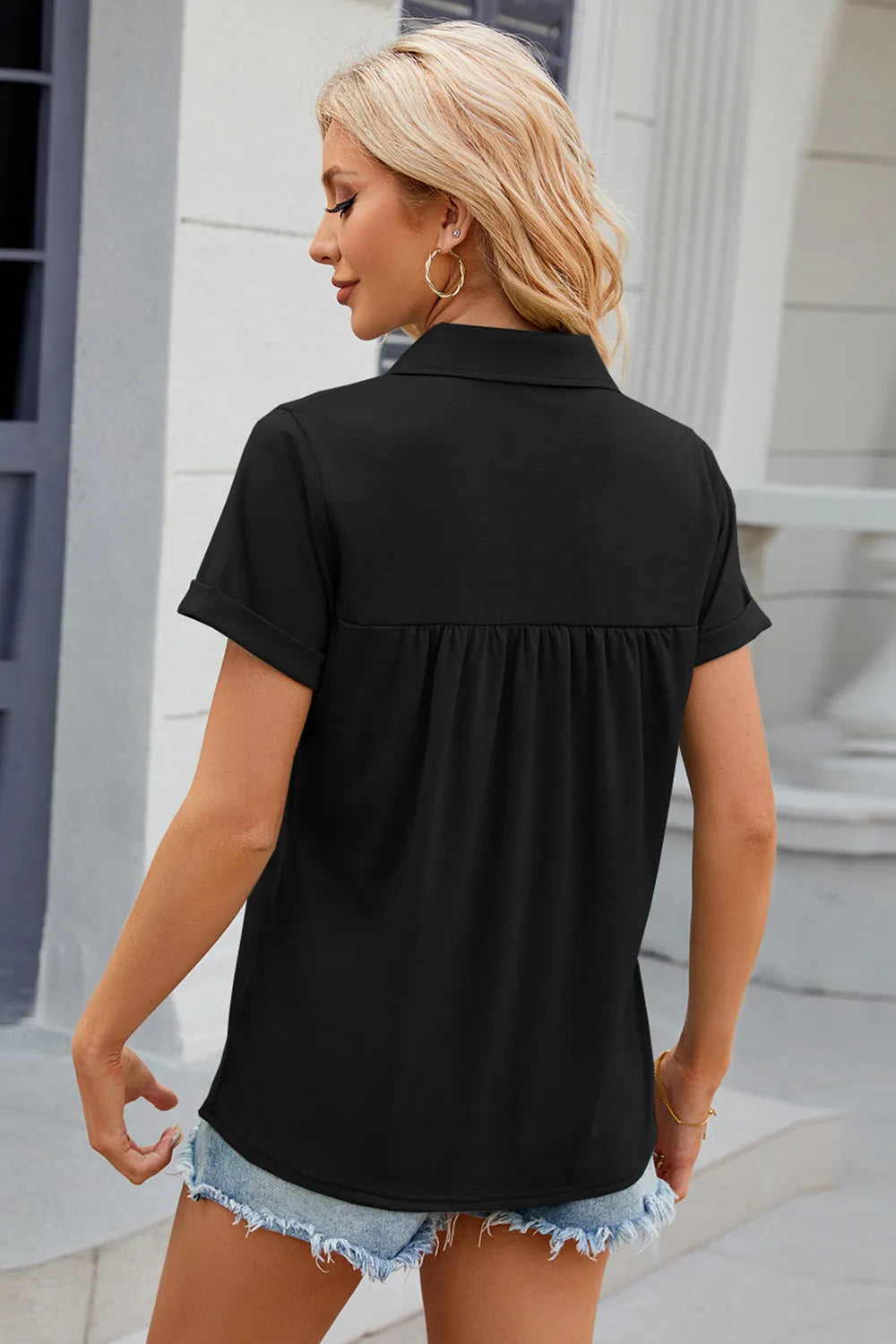 Ruched Johnny Collar Short Sleeve Blouse (24)
