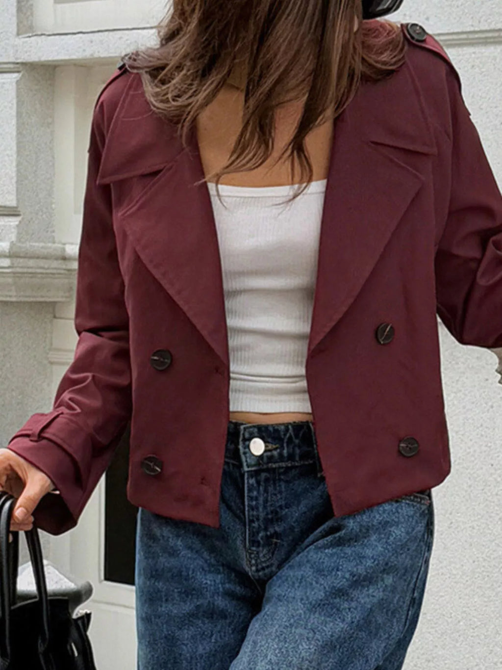 Cropped Double-breasted Raglan Sleeve Jacket (9)
