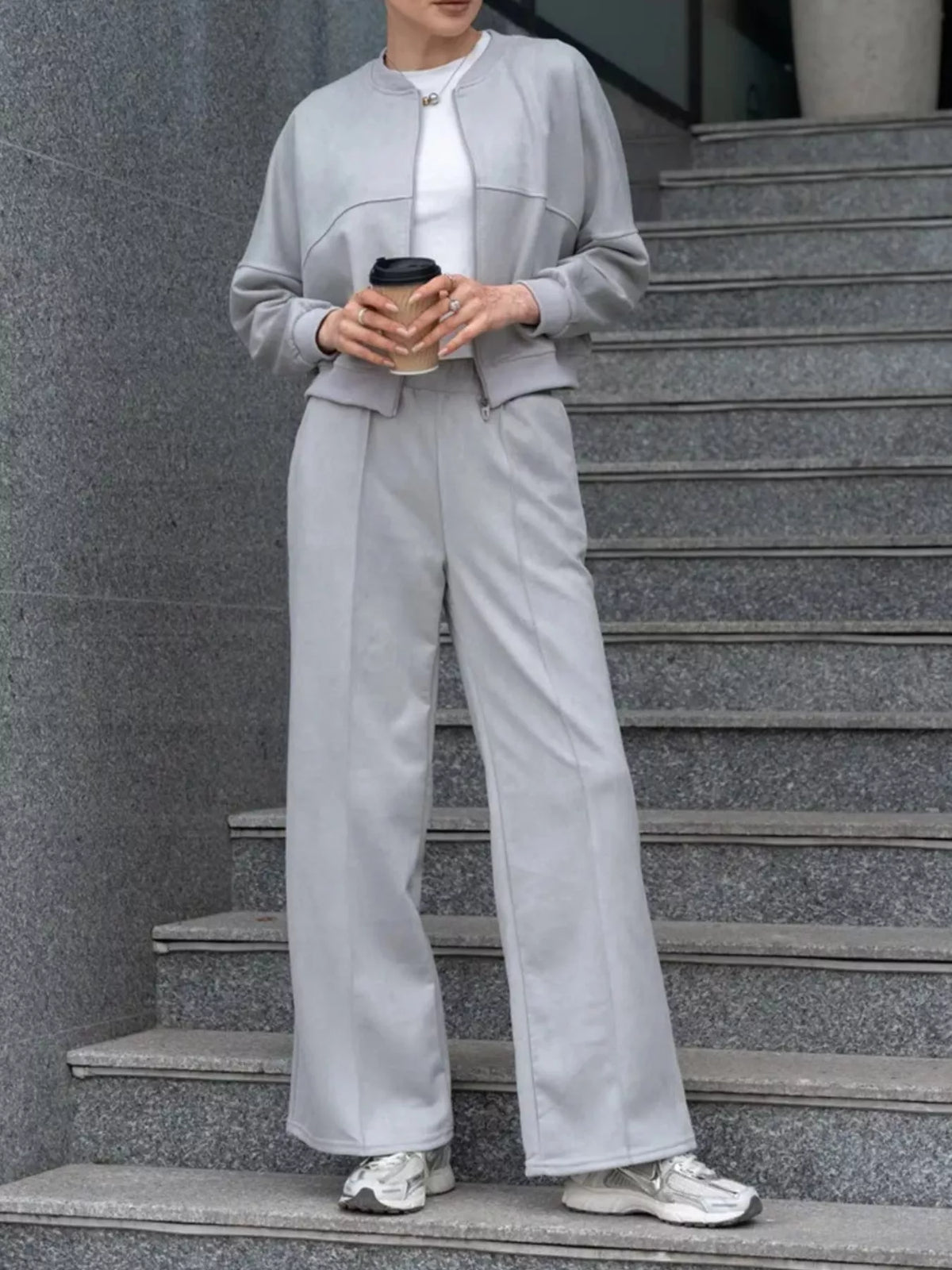 Zip Up Sweatshirt Wide-leg Pants Set (26)