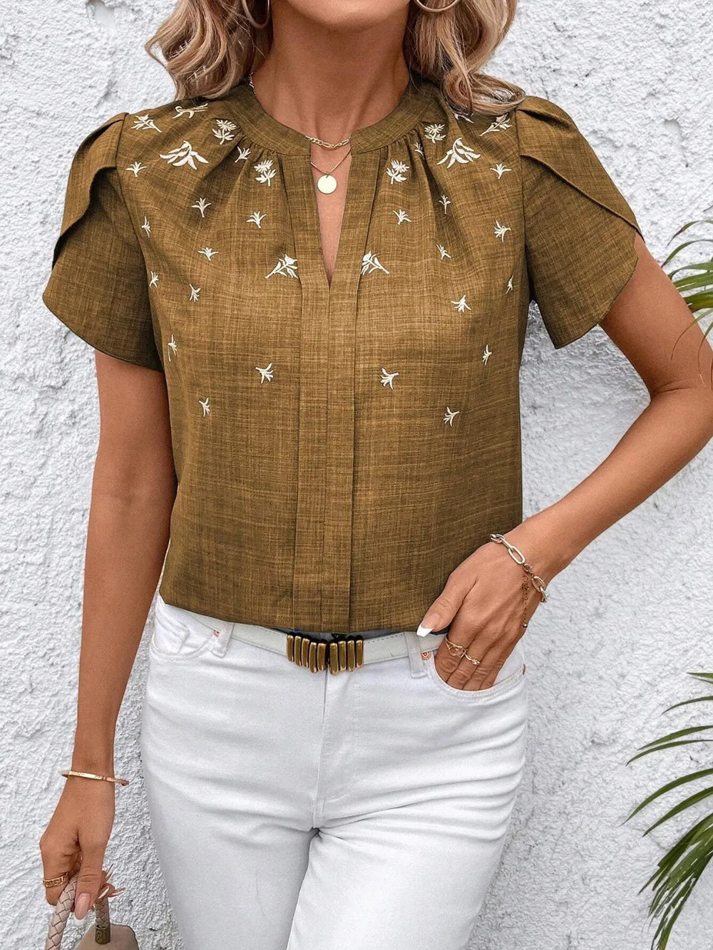 Floral Notched Short Sleeve Blouse (24)