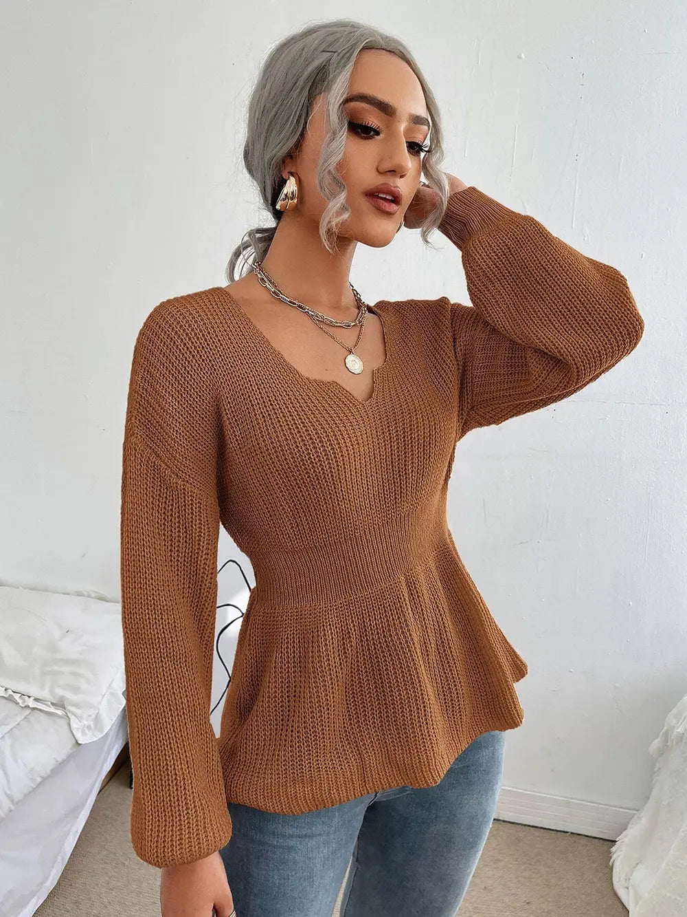 Notched Dropped Shoulder Knit Top (21)