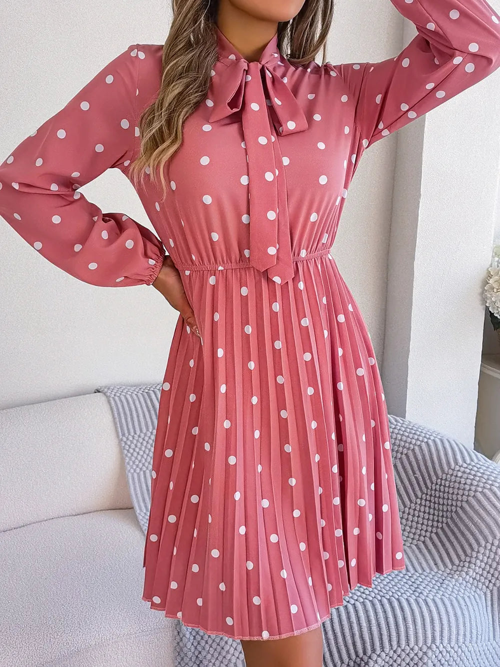 Polka Dot Tie Neck Pleated Dress (5)