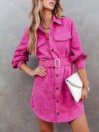Button Front Belt Long Sleeve Corduroy Dress