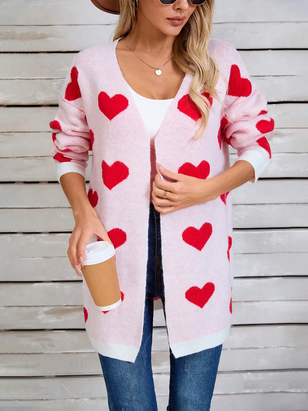 Heart Open Front Long Sleeve Cardigan
