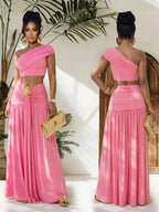 One-shoulder Top Ruched Maxi Skirt Set (3)