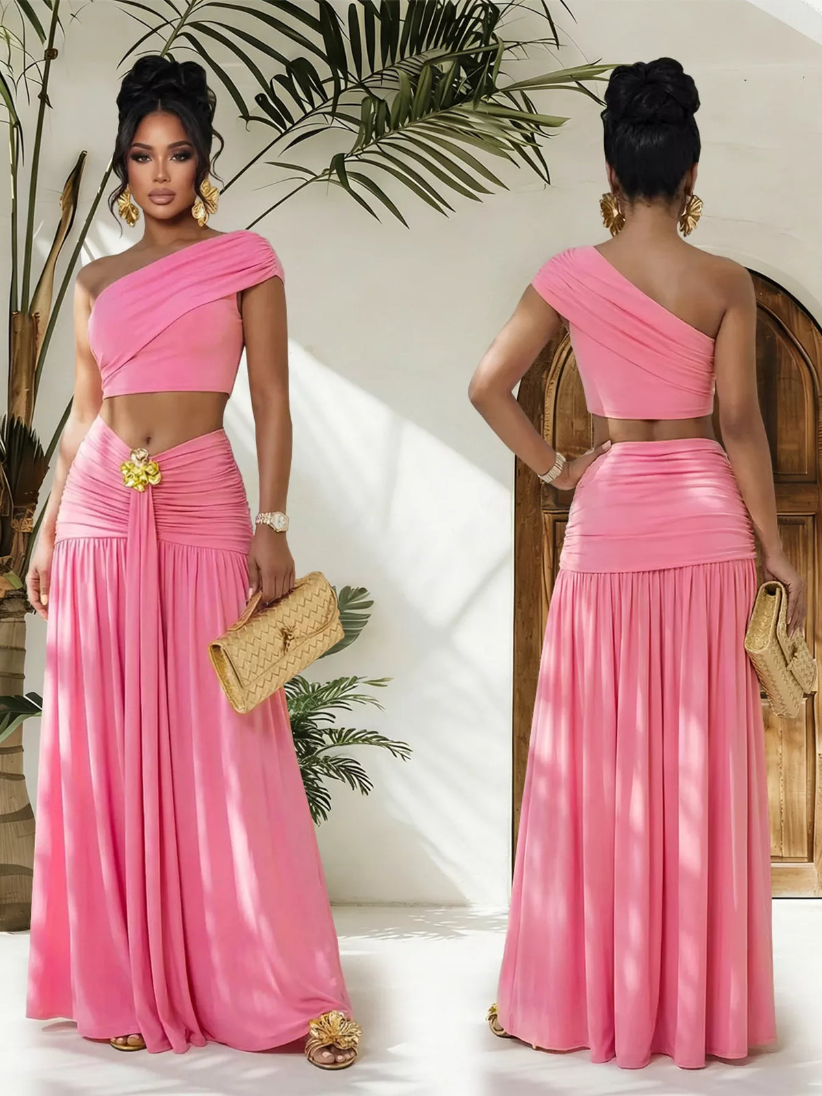 One-shoulder Top Ruched Maxi Skirt Set (3)
